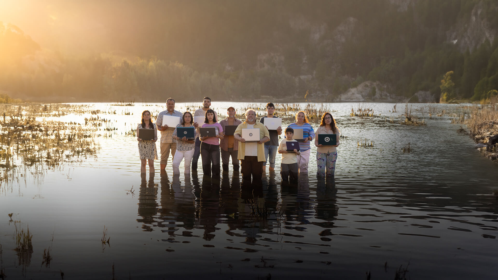 A man and woman in a marsh holding laptops